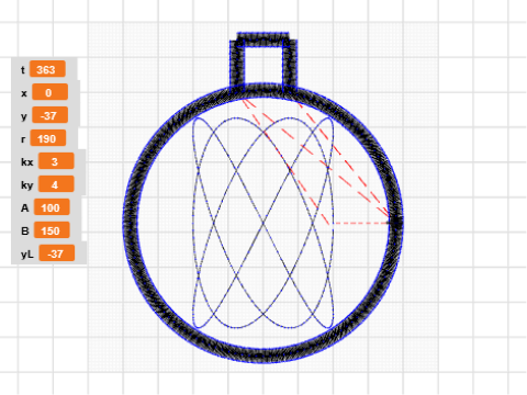 kerstbal parameteriseerd met lissajous met satin stich